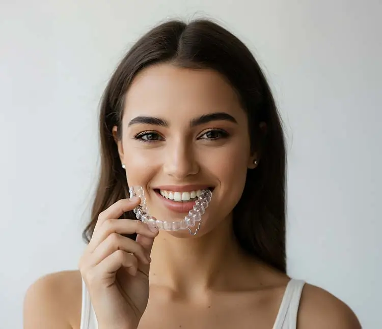 Junge Frau l&auml;chelt frontal in die Kamera und h&auml;lt ihre Zahnschiene (Invisalign) vor den Mund
